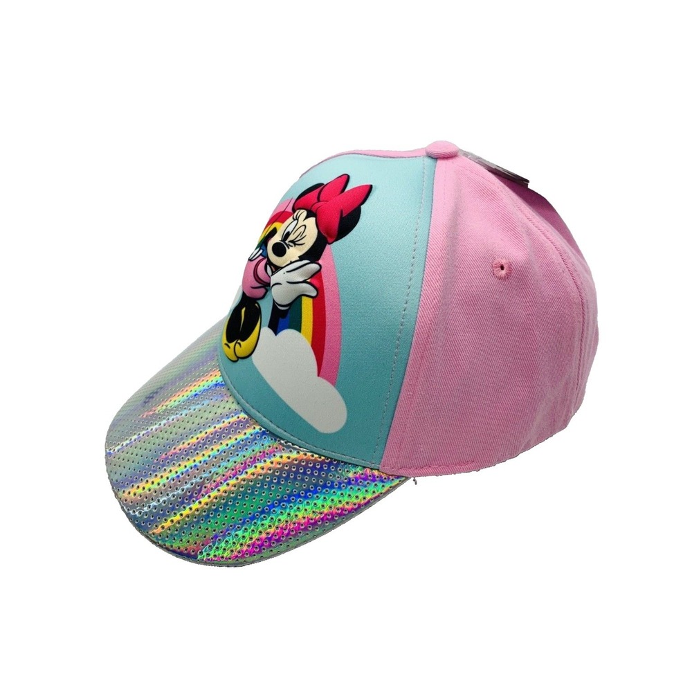 Disney Minnie Mouse 3D Pop Cap Pink Rainbow Holographic Brim Snapback Hat NWT‎